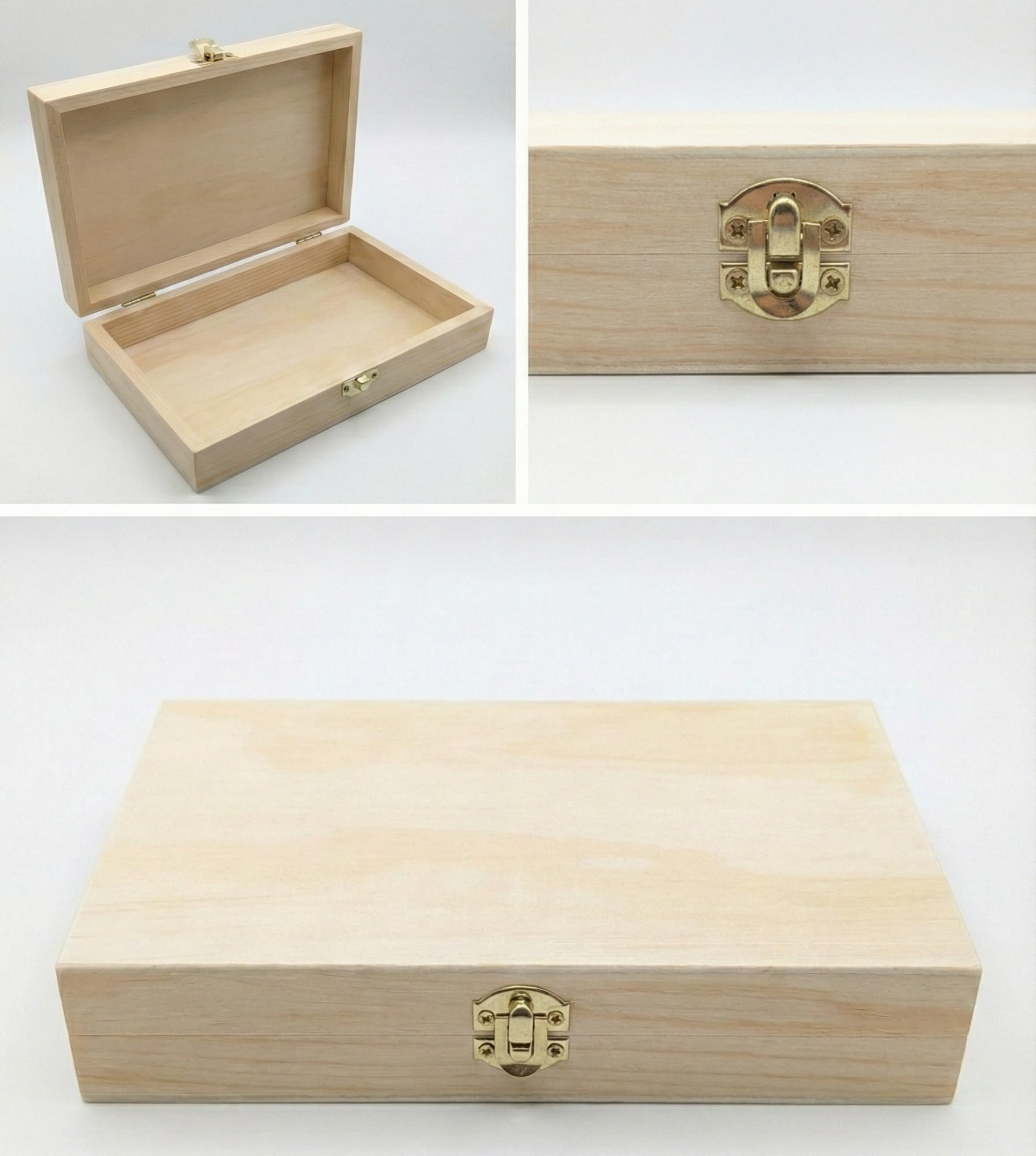 Laser Amore Wooden Box with Hinged Lid & Latch (19x11.5x3.5cm) – Small Pine Storage Box for Photo Prints, Memory Keepsake, Art Pencils, or Stash Box – Unfinished/Plain Wood