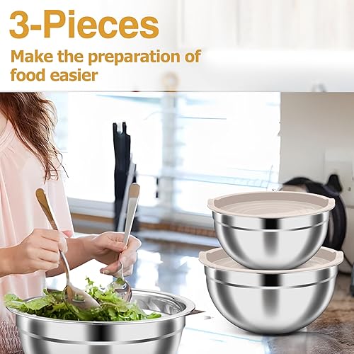 Miniatura 7 de TeamFar - Juego de cuencos para mezclar de acero inoxidable con tapas herméticas, juego de cuencos anidados para ensalada con tapas herméticas, para