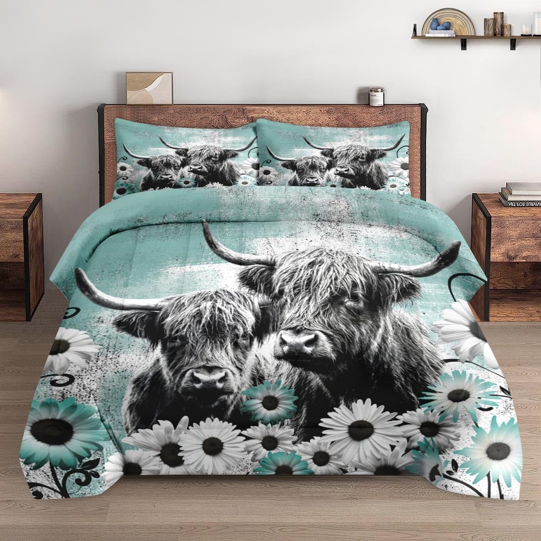 WeCozy Comforter Set Queen Size with 2 Pillowcases, Highland Cow Animal 3 Pcs Bedding for Kids and Adults, Farm Daisy Soft Comforter Set for Bedroom Bed Decor