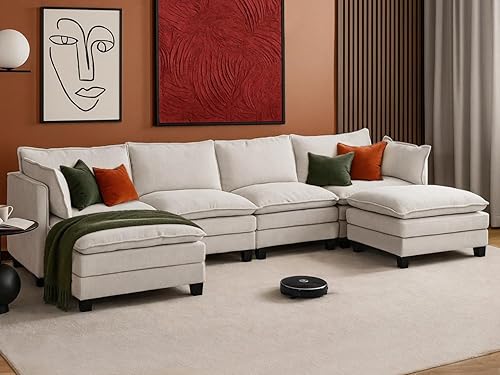 Miniatura 9 de Sofá modular de 111 pulgadas en forma de L con sofá otomano de felpilla con almohada para sala de estar, dormitorio y apartamento, 5 asientos, color