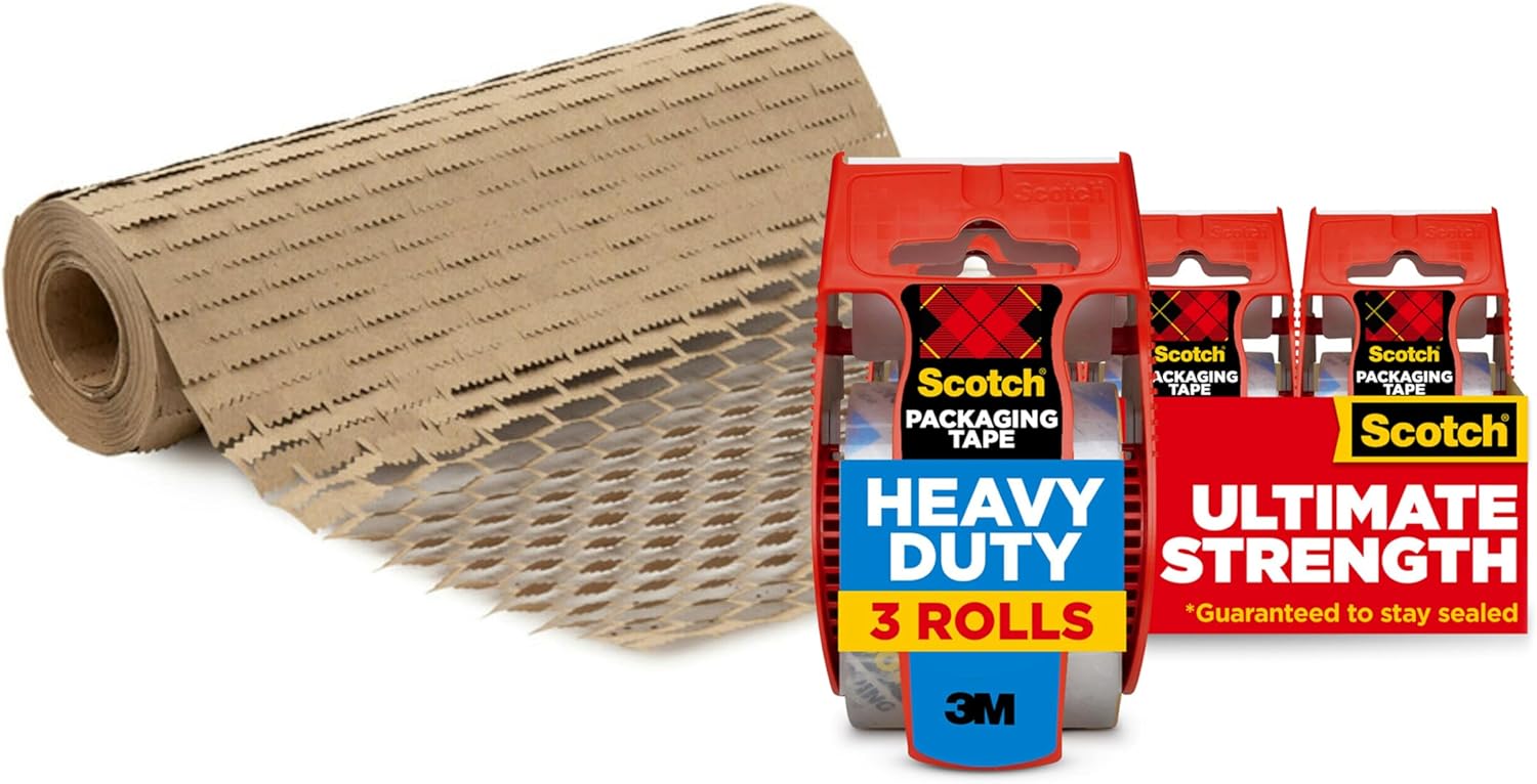 Shipping Bundle of Scotch Heavy Duty Shipping and Moving Packing Tape,1.88 in x 22.2 yd, 3 Rolls with Dispensers + Scotch Cushion Lock Protective Wrap, 12 in x 50 ft