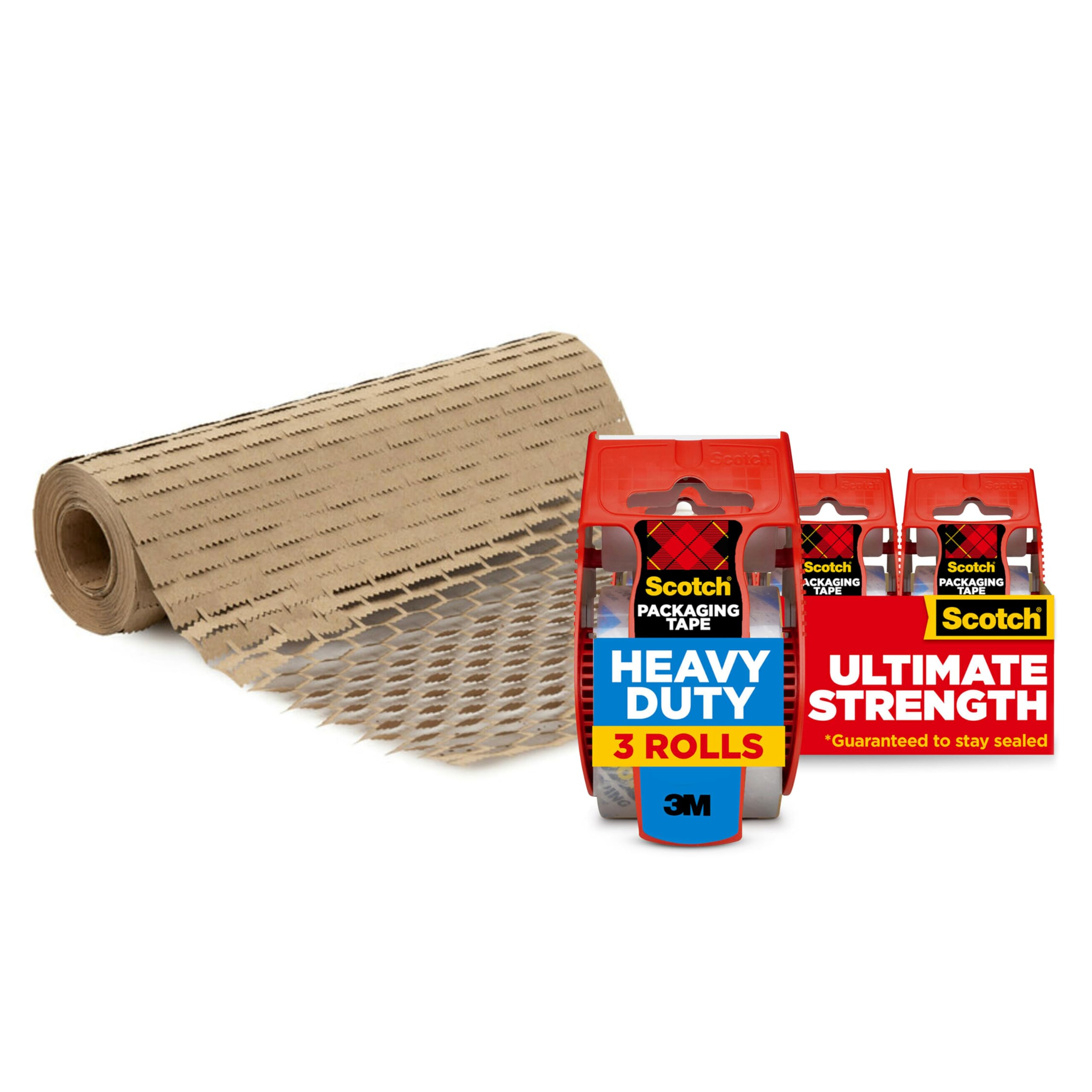 Shipping Bundle of Scotch Heavy Duty Shipping and Moving Packing Tape,1.88 in x 22.2 yd, 3 Rolls with Dispensers + Scotch Cushion Lock Protective Wrap, 12 in x 50 ft