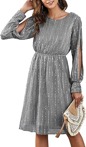 Vestidos de fiesta para mujer, de manga larga, con lentejuelas, cuello redondo, cintura elástica, huecos, de media pierna
