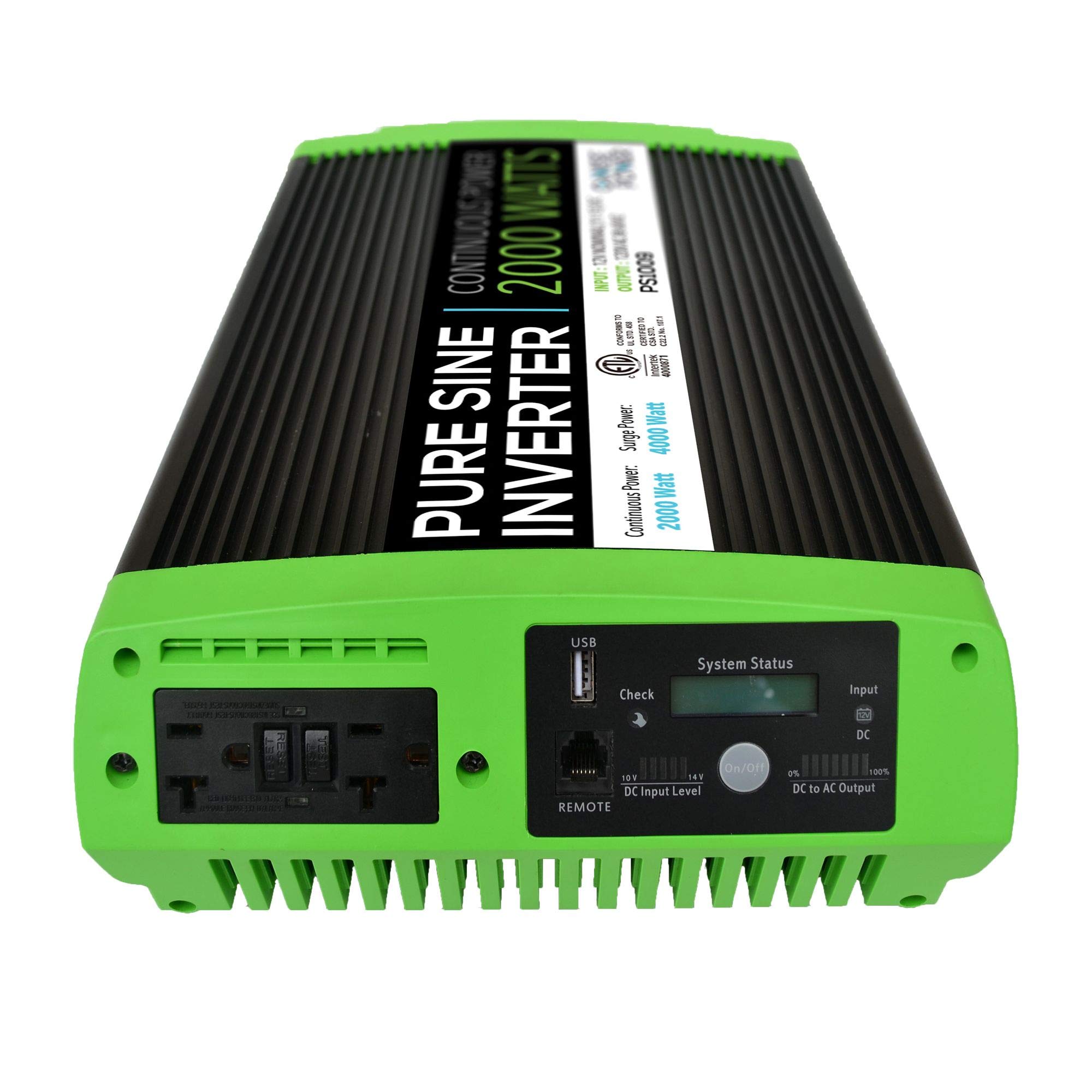 GoWISE Power PS1009 2000W Continuous 4000W Surge Peak Power Pure Sine Wave Inverter w/Digital LCD Display, Black/Green