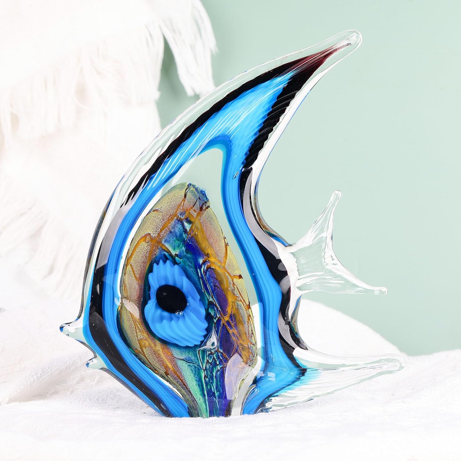 XMGZQ Hand Blown Blue Glass Fish Figurines for Home Decor Accent,Sea Glass Art Paperweights,Tropical Fish Collectables Ornaments,Sea Animal Sculptures for Coastal Beach Room Decor,Coffee Table - Image 6