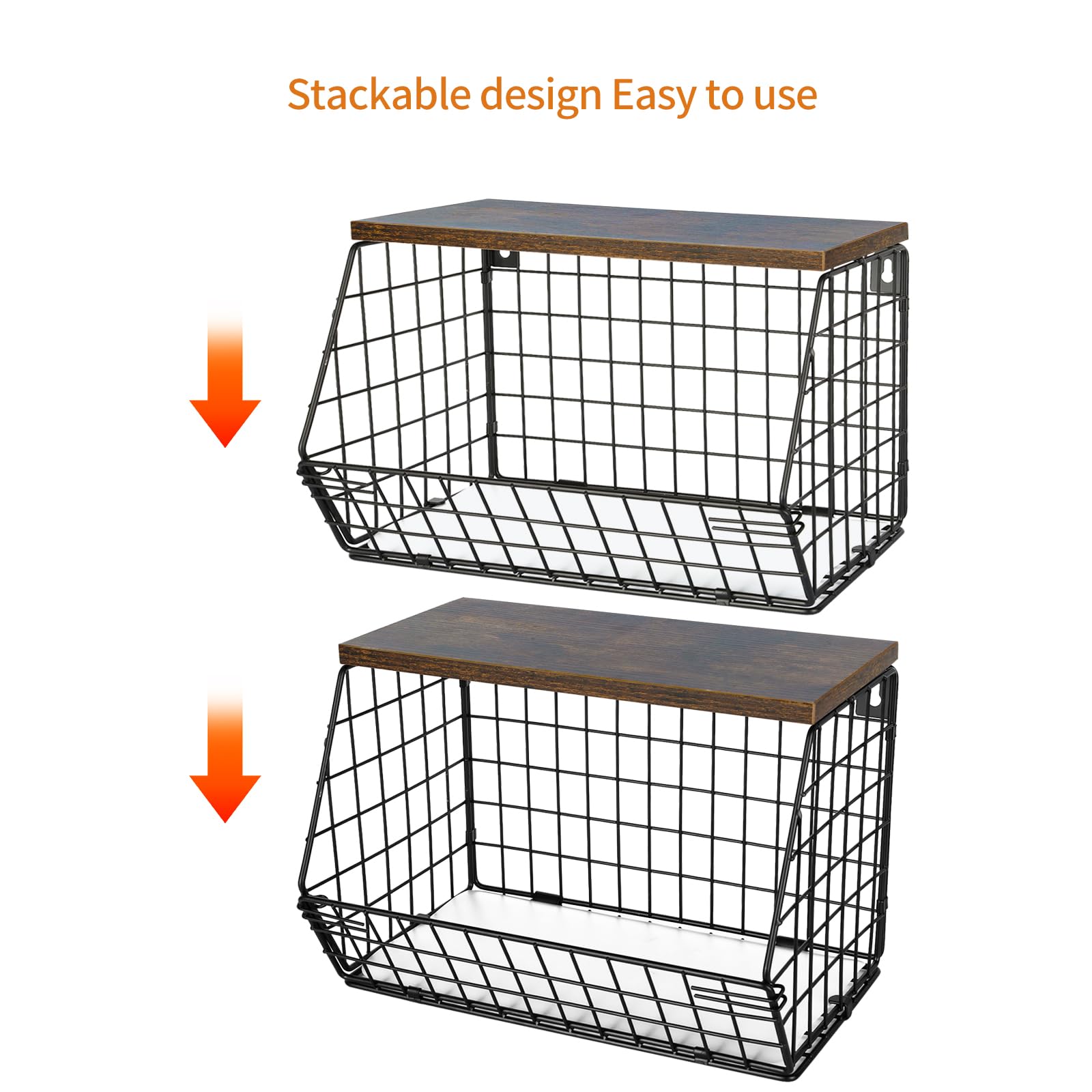 Cesta de frutas de pared con tapa de madera, cesta de almacenamiento para frutas y verduras de 30 x 20 x 21 cm (2 piezas), color negro