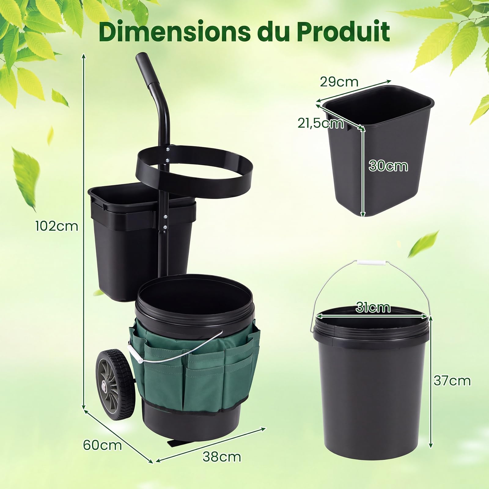 COSTWAY Chariot de Jardin à roulettes, Chariot d’Outils Mobile avec Seau 20L Bac 5L, Sac en Tissu Oxford Panier Rond, Organiseur de Transport pour Ranger Déchets Pelouse Outils Jardinage