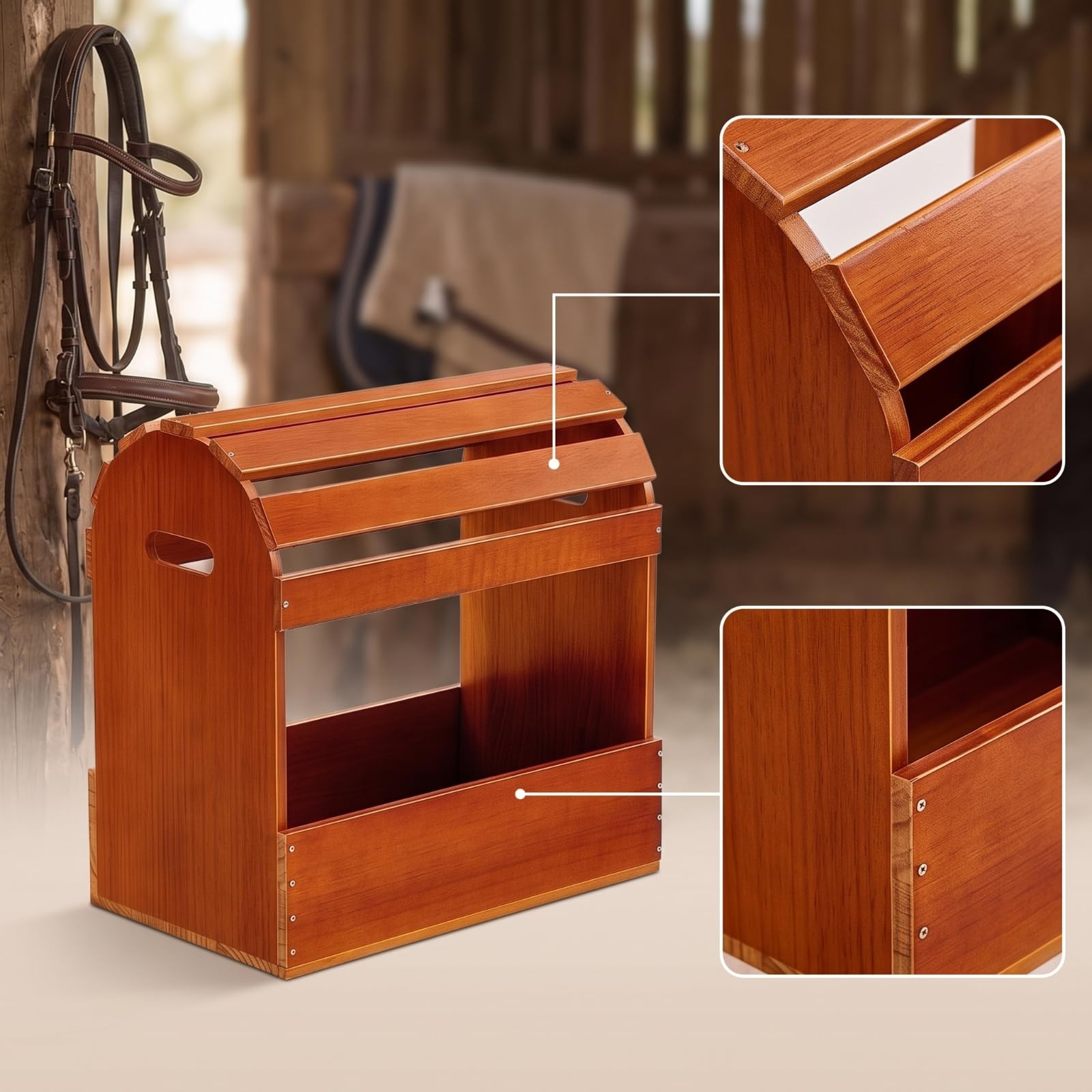 Amagogo Soporte para Montura Organizador Soporte Estante Perchero Caballo con Madera Natural Resistente y Lateral Curvo Que Zona Frontal Abierta y Panel