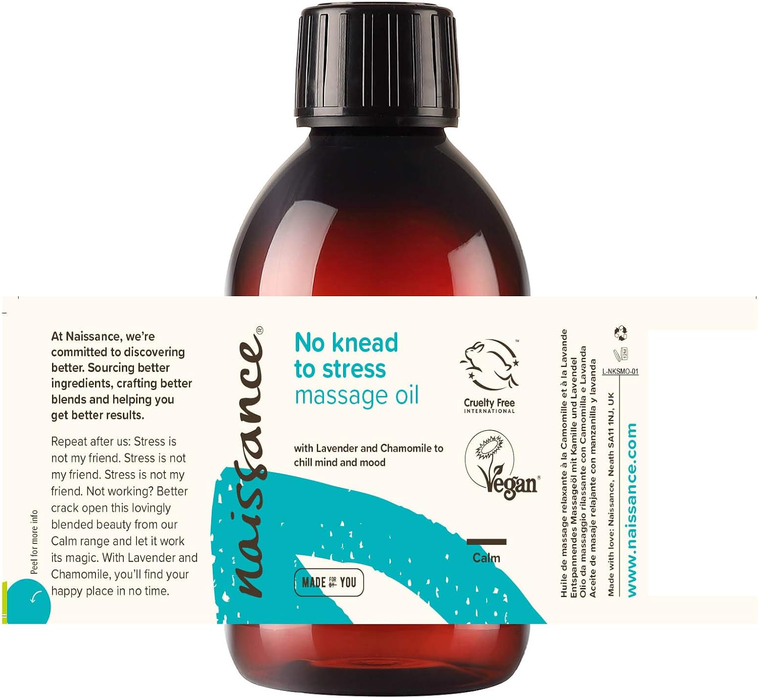 Naissance 'No Knead to Stress' Therapeutic Relaxing Massage Oil 3.4 fl oz Natural Moisturizing Oil with Grapeseed, Lavender, Ylang Ylang, Orange, Cedarwood, Patchouli and Chamomile Oils