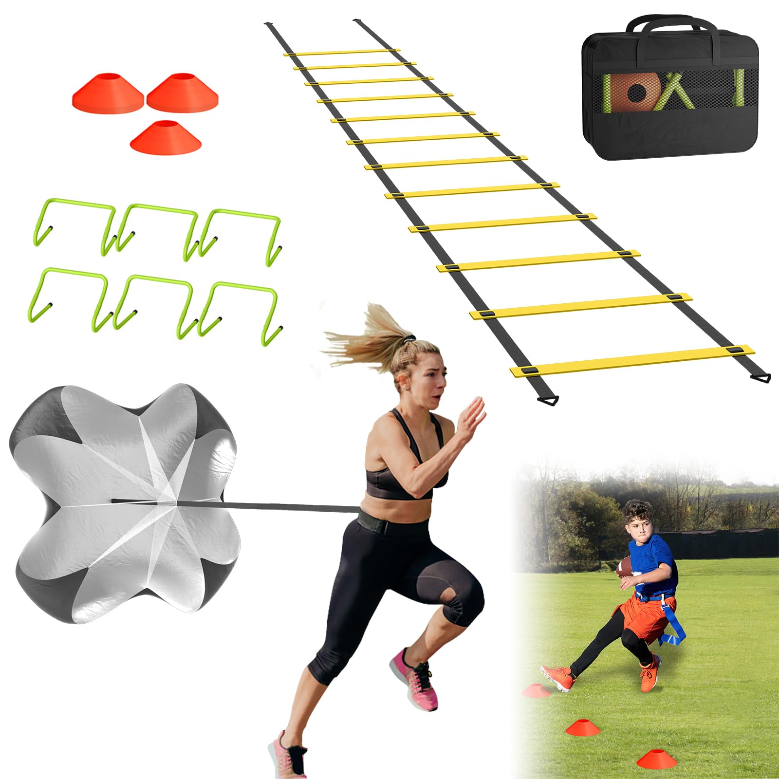 Froadp Accessori per allenamento calcio, scala di coordinazione da 5 m, 6 ostacoli regolabili, paracadute, corda per saltare, set regalo per bambini, strumento ideale per allenamento
