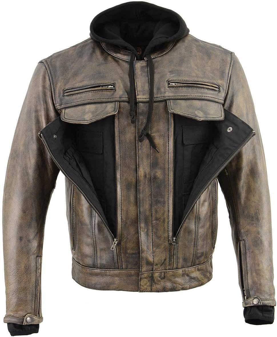 Milwaukee Leather MLM1538 Men's Distressed Brown Leather ‘Utility Pocket’ Vented Jacket with Removable Hoodie