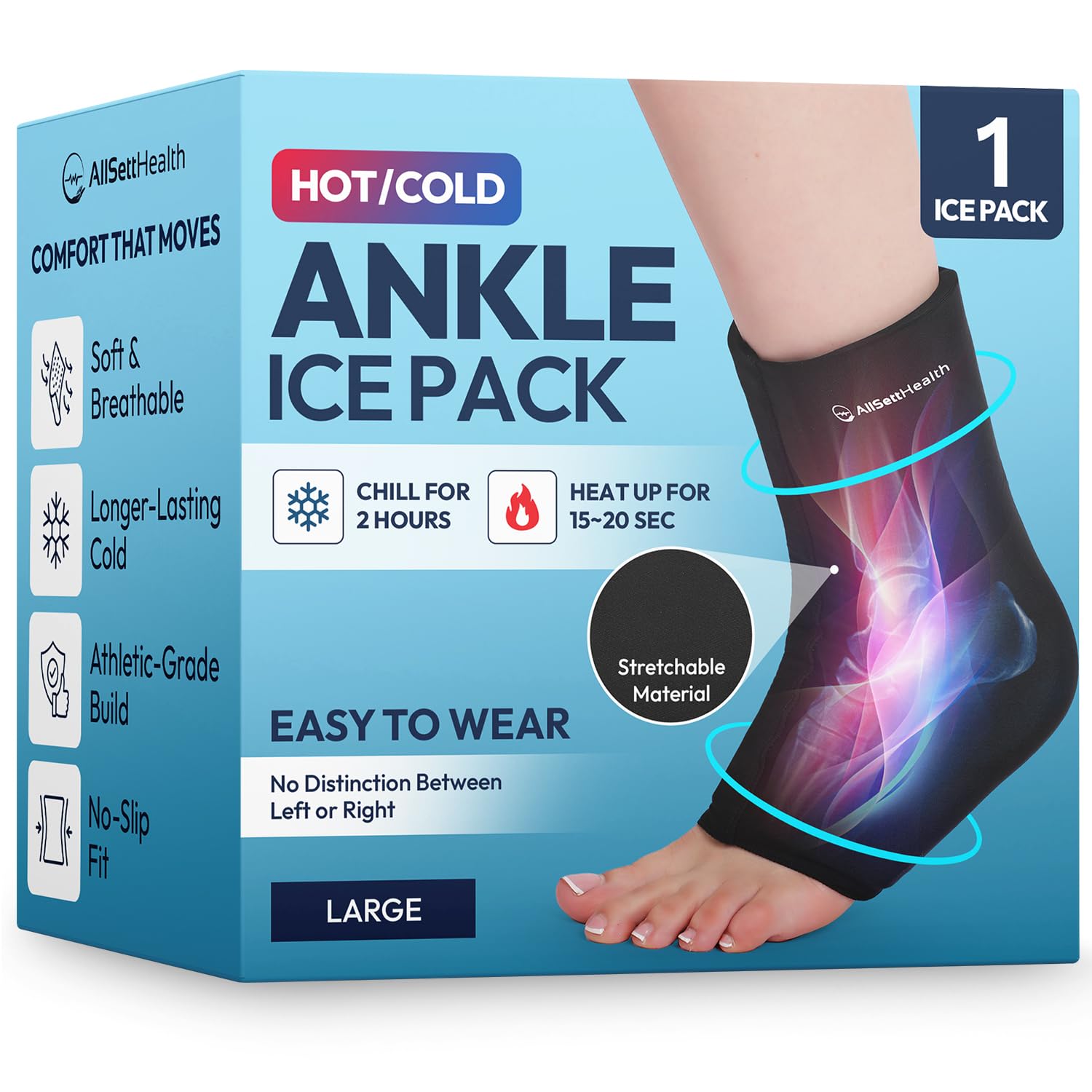 Ankle Ice Pack Wrap for Swelling - Hot/Cold Therapy Ice Wrap for Foot Pain Relief, Heel Pain Relief, Plantar Fasciitis, Achilles Tendonitis Relief, Sprained Ankle Compression, Large