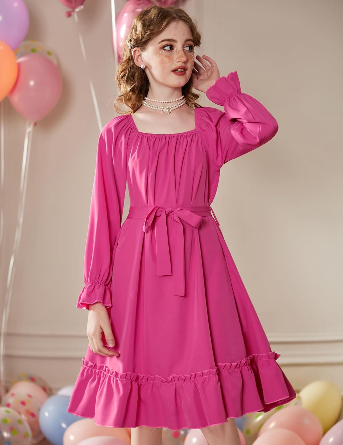 Arshiner Girls Long Sleeve Dresses Fall Party Formal Holiday Swing Flowy Ruffle Midi Dress - Image 2