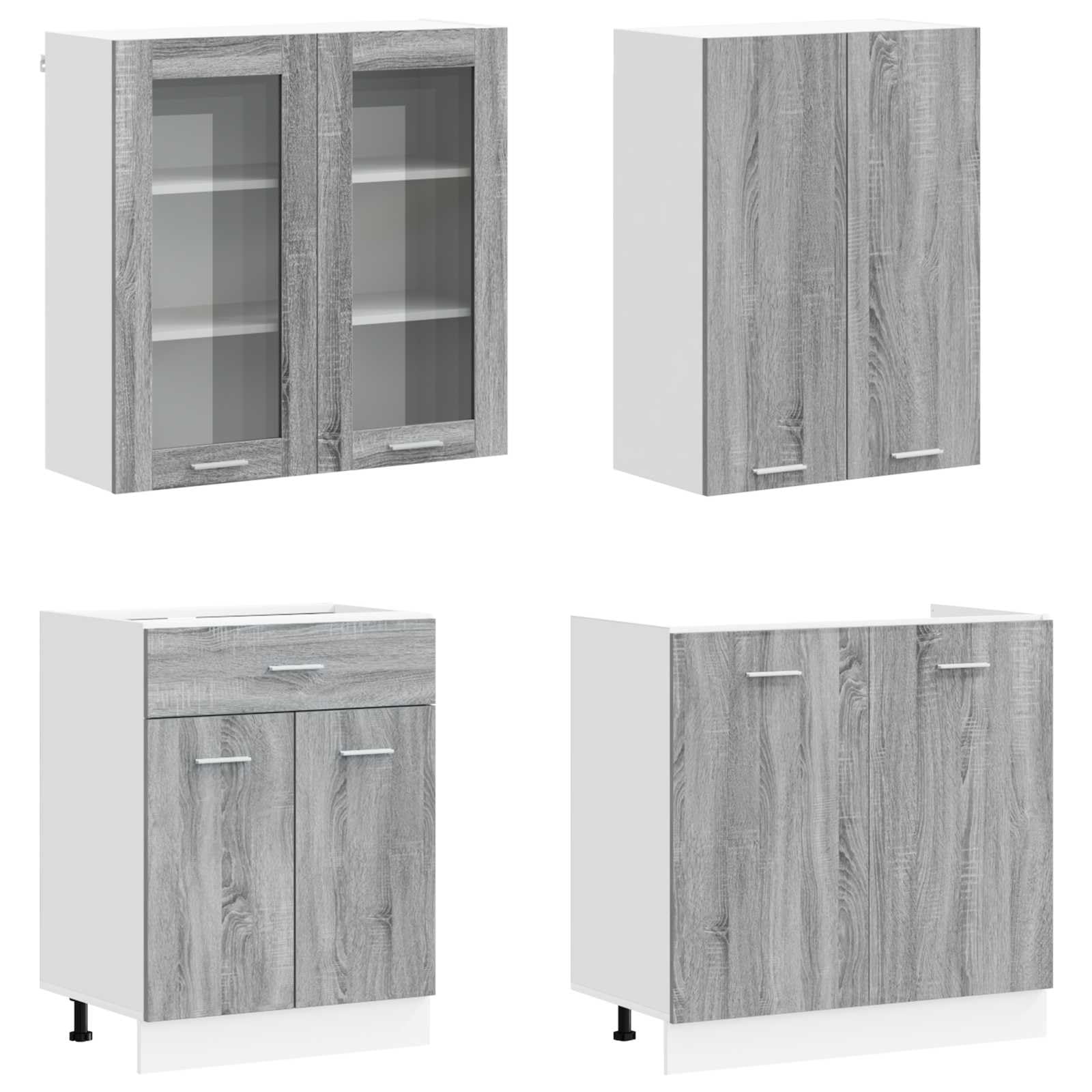 Meuble de cuisine Lyon 4 pièces gris Sonoma en bois avec pieds réglables en hauteur, fixation murale et beaucoup d'espace de rangement pour cuisines modernes