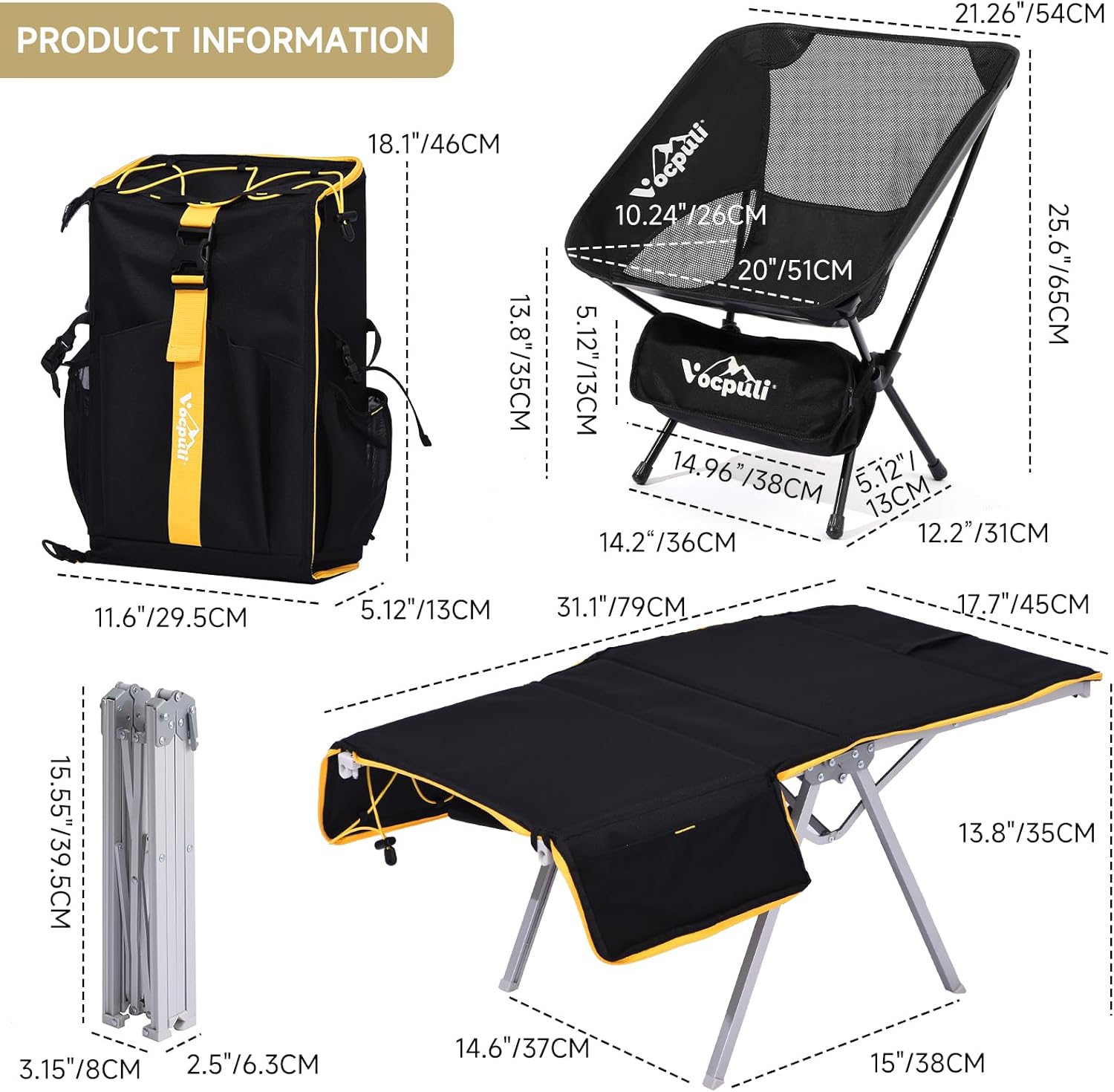 Camping Backpack - Aviation Aluminum Table Frame + 2 Folding Camping Chairs,+ Convertible Backpack Tabletop, Quick Setup&Portable,Camping Gear,Gifts for Camping, Picnic, Beach (Black)