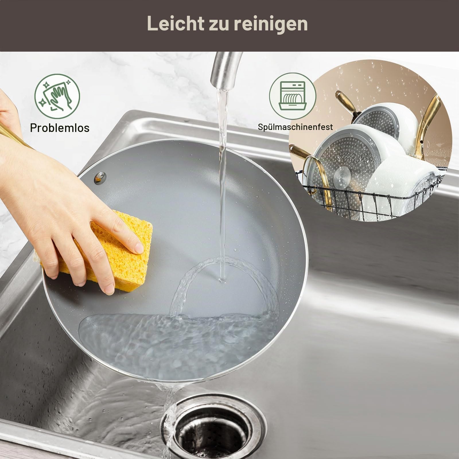 Keramik KochSet, gesund, Töpfe und Pfannen Set mit Deckel, antihaftbeschichtet(ohne PFAS, PFOA),Küchen，Induktions，Backofenfest，Geschirrspüler，Beige/Weiß Gold (Creme, Grau, Gold)