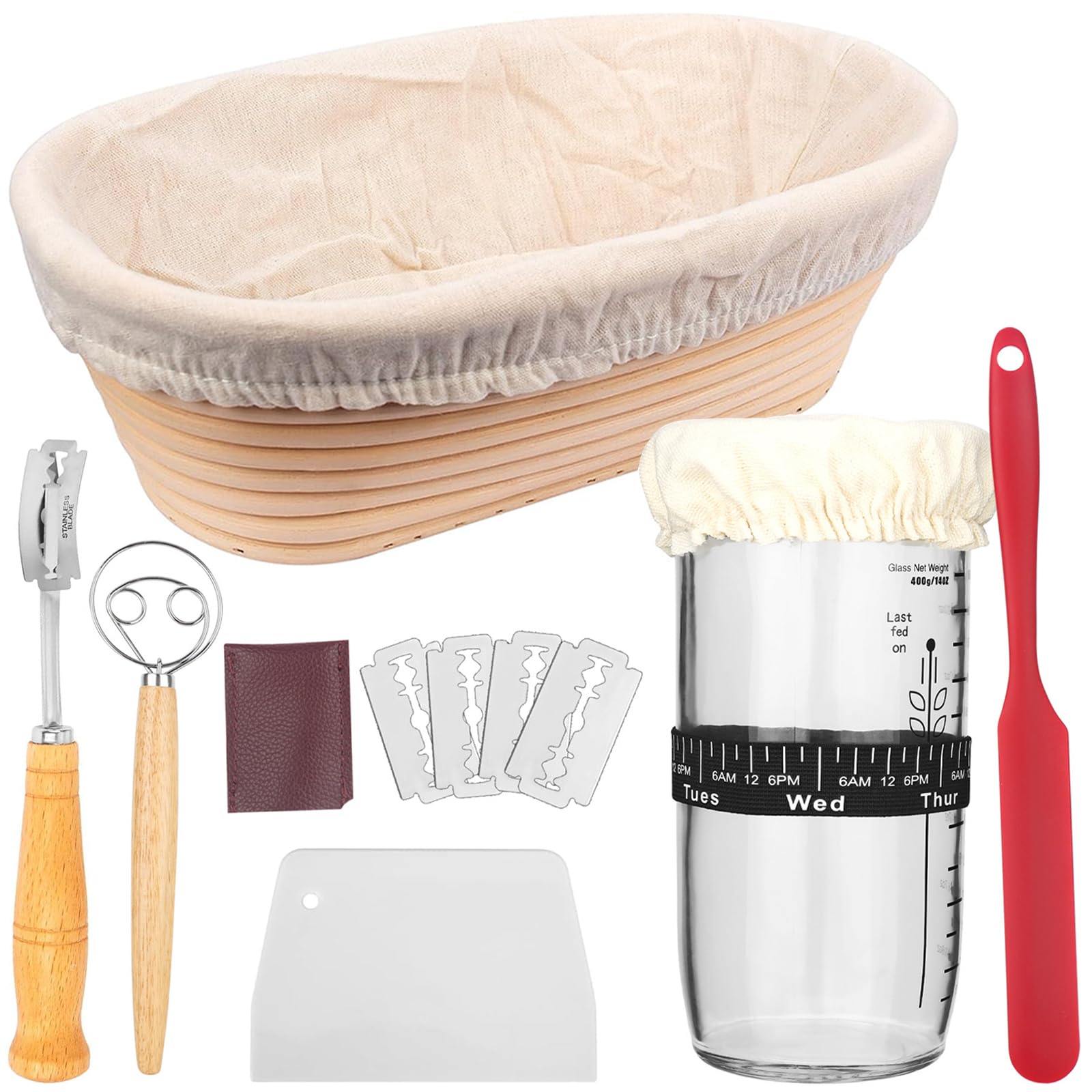 Gärkörbchen 10 Zoll, 7-teilig Sauerteig Brot Gärkorb Set, Sauerteig Starter Set Glas 700ml, 100% Natürlichem Rattan Gärkorb Brot Backzubehör für Brotback Anfänger & Profis