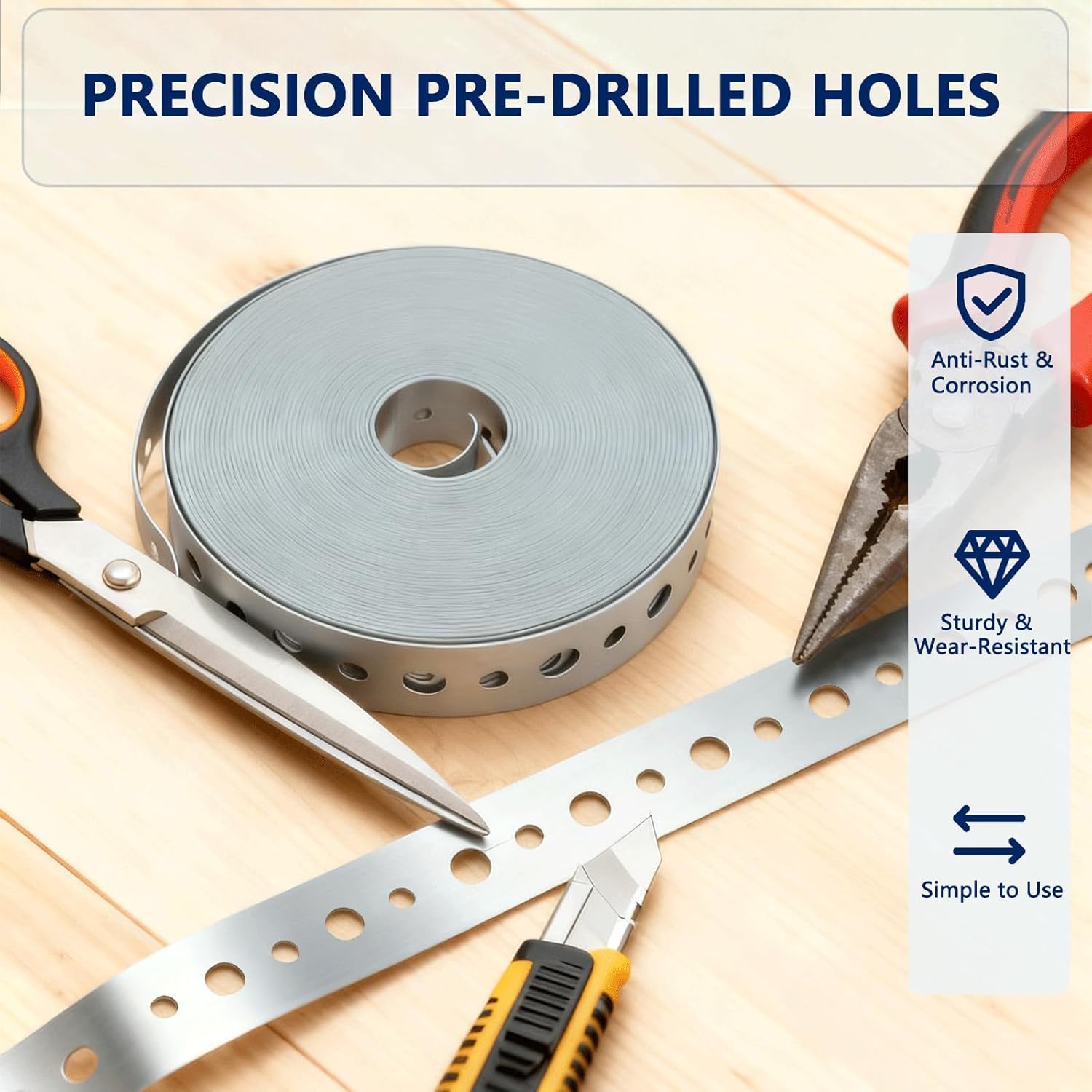 2 Pack Galvanized Metal Pipe Strap 3/4-Inch x 100ft Heavy Duty, 24 Gauge Silver Powder Coated Steel Strapping with 0.19" & 0.25" Holes for Pipe Support Hanging, Plumbing, HVAC, Duct Work, DIY Length