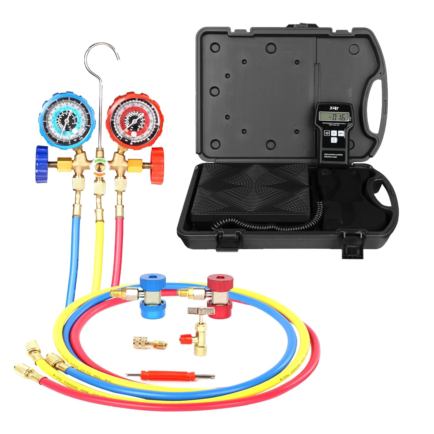 PB Motor TECH 220LBS Refrigerant Charging Scale, with 3-Way AC Manifold Gauge Set for R134A, R12, R22 & R502 Refrigerants