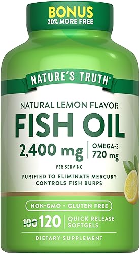 Nature's Truth Aceite de pescado de 2400 mg 120 cápsulas blandas de liberación rápida 720 mg de Omega 3 Píldoras de sabor a limón sin eructos