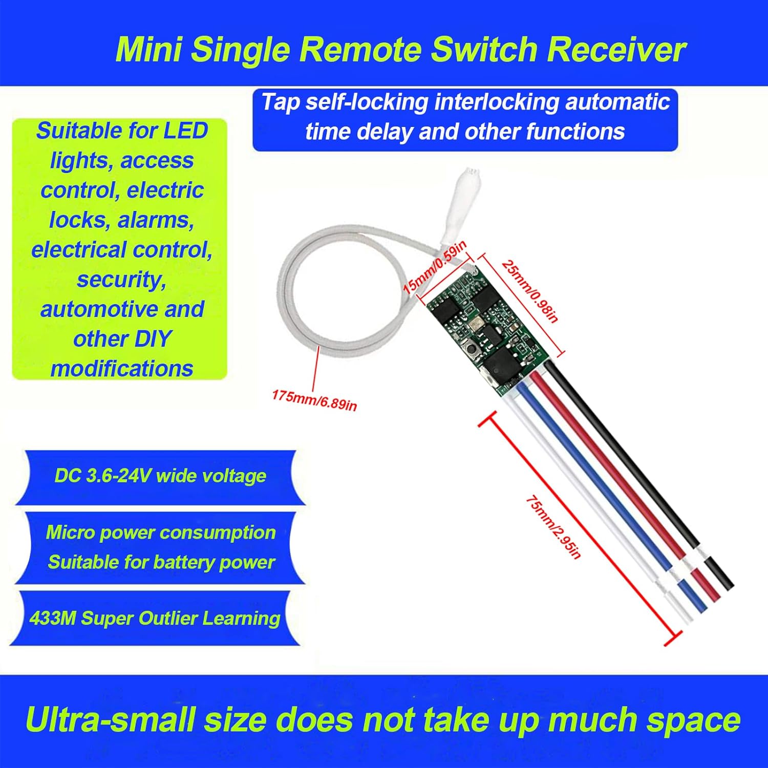 433MHz Universal Wireless RF Remote Control Switch DC 6V 12V 24V 1CH Channel Relay Wireless Secure RF Remote Control Switches Transmitter and Receiver kit, Momentary Toggle Latched Delay Mode(3 Pack)
