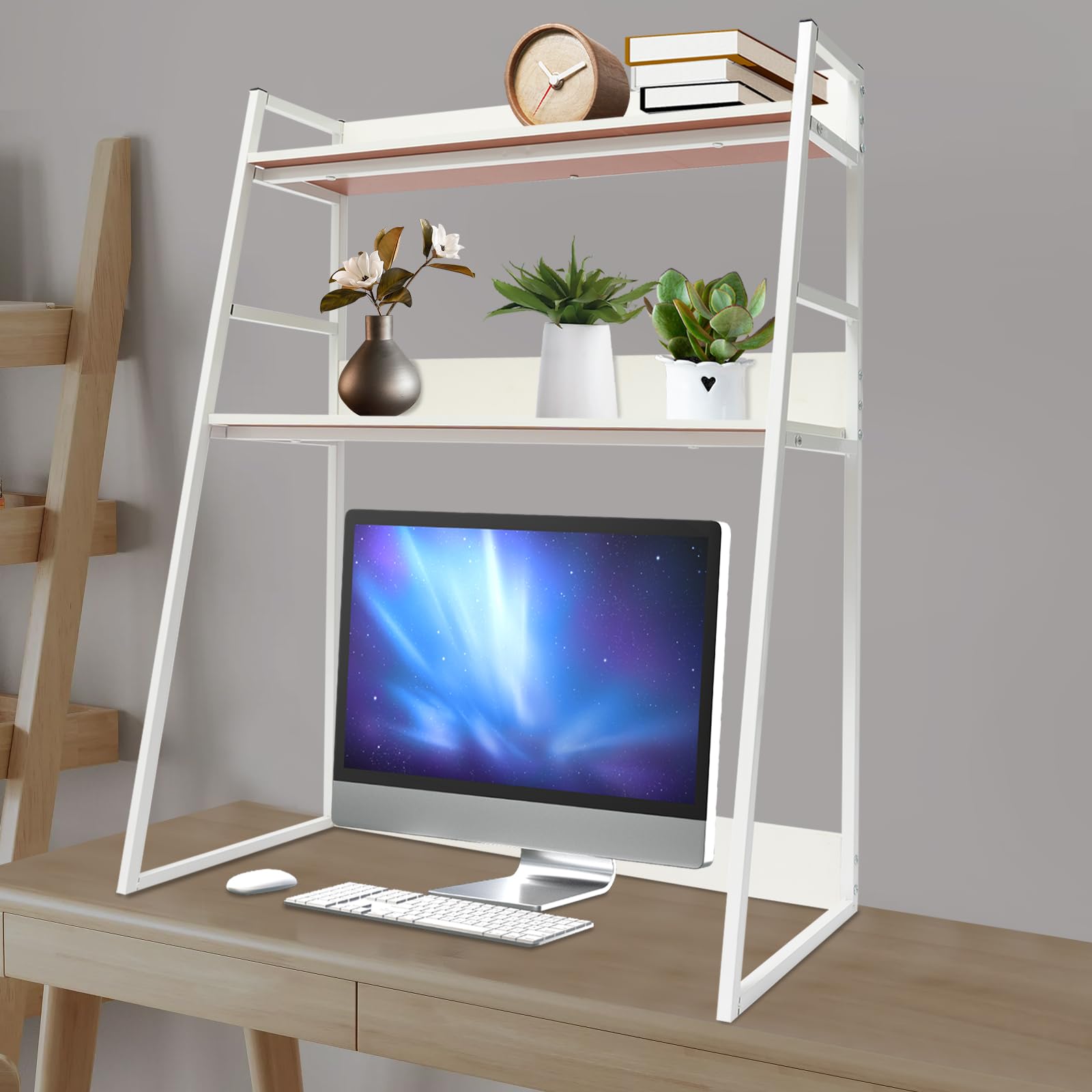 Estantería de Escritorio de 2 Niveles para Ordenador, Organizador de Libros, Expositor, para Dormitorio (Blanco)
