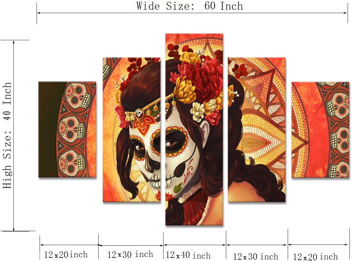 HD Printed Day of the Dead Face Group Painting on Canvas All Saints Day Halloween Pictures Extra Large Wall Art for Living Room Modern Home Decor Gallery-wrapped Art 5 Panel Set Framed(60''Wx40''H)