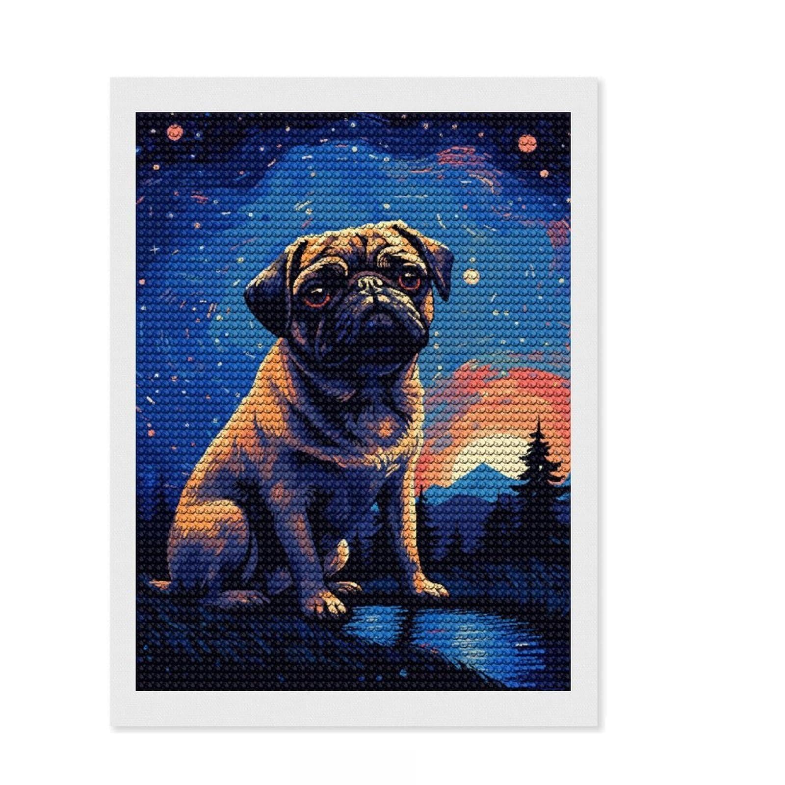Junmoney Pug Magical Pixel Art Diamond Art Canvas 12"x16", Relaxing DIY Hobby, Satisfying Creative Project, Farmhouse Decor, for Women