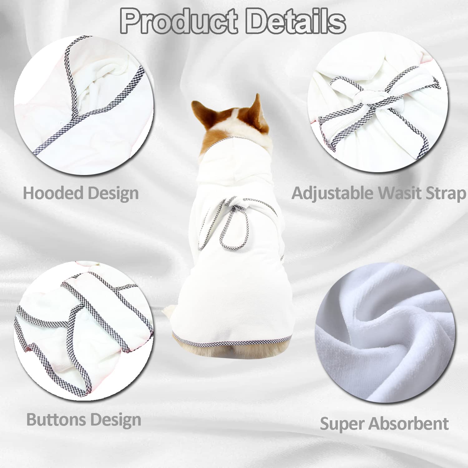 Bademantel für Hunde, Mikrofaser, schnelltrocknend, saugfähig, mit Kapuze, Weiß, 3XL---Back length--70cm/27.6''