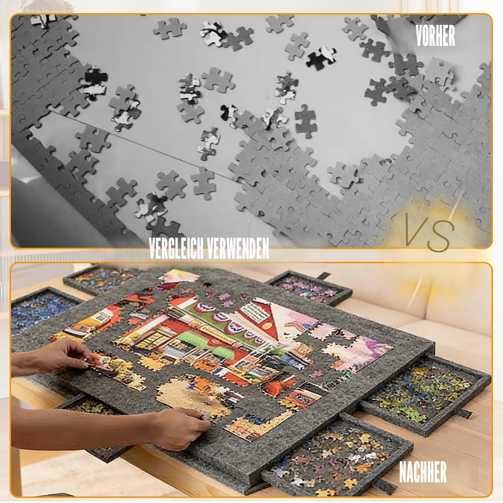 Kippbares Puzzletisch, Puzzlebrett für bis Puzzle 1000 Teile, Tragbarer Puzzle Board mit 6 Schubladen, Leichter Filz Puzzletisch mit 2-in-1-Ständer und Abdeckung, Schwarz