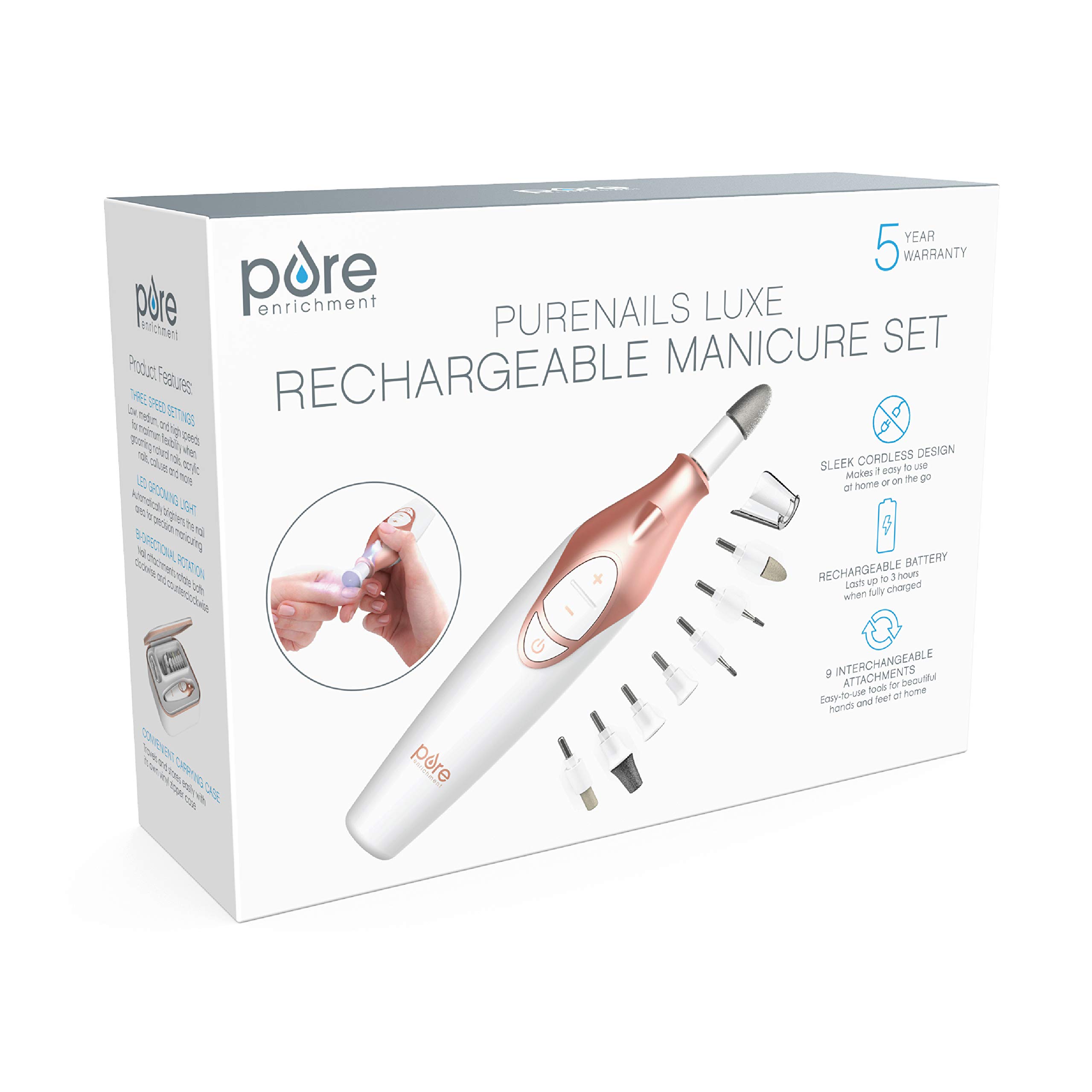 PureNails Luxe - Juego de manicura recargable, taladro eléctrico inalámbrico portátil para uñas de gel acrílico, manicura y pedicura con 9 accesorios de limado de zafiro y luz LED de 8