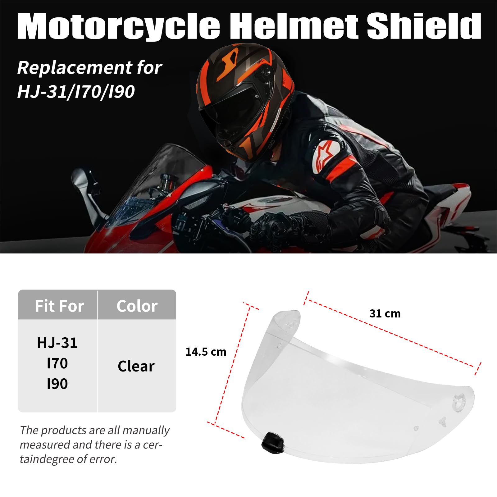 VCOROS Helmvisier für i70 i10 HJ-31,Motorradhelm Visier,Motorrad Windschutz Helm Objektiv Visier,Vollgesichts Helmlinsenvisier Motorradhelm Zube (Transparent)
