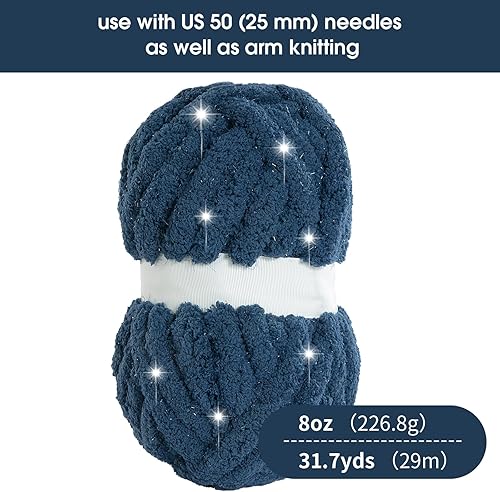 Miniatura 2 de HOMBYS Hilo azul real grueso y brillante para tejer a mano, hilo de felpa suave con purpurina súper voluminoso, hilo de felpilla grueso grande, hilo