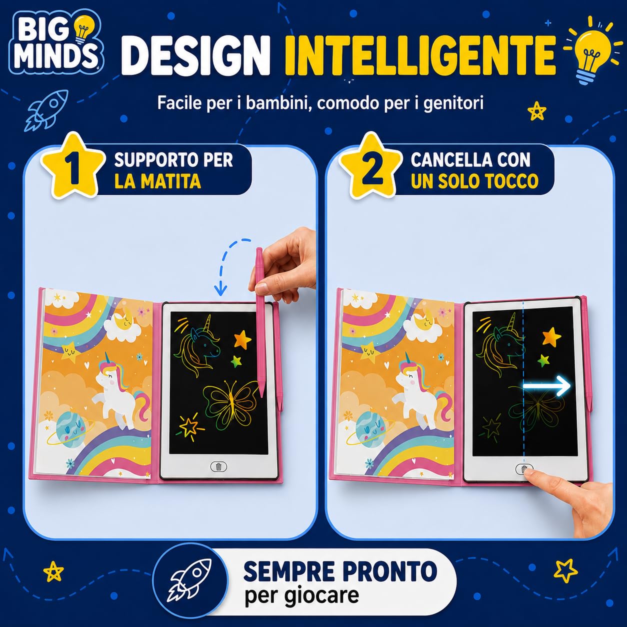 Big Minds - Tavoletta Grafica Bambini Rainbow LCD | Lavagna Per Bambini Formato Libro | Lavagnetta Cancellabile 20 Modelli Reversibili | Lavagna Magica Per Bambinii | Giochi Bambina 4 Anni