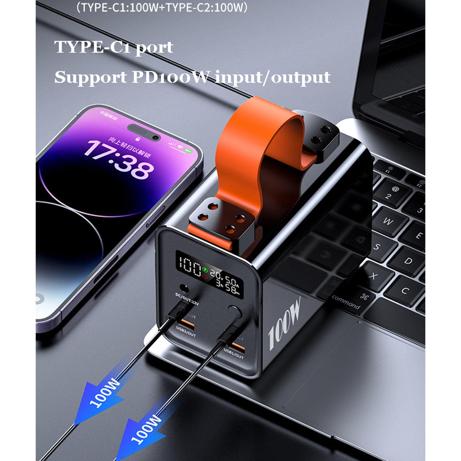 Przenośny Power Bank z diodą LED, wejście/wyjście PD 100 W, bateria o dużej pojemności 30000 mAh, do telefonów komórkowych i tabletów,Blue