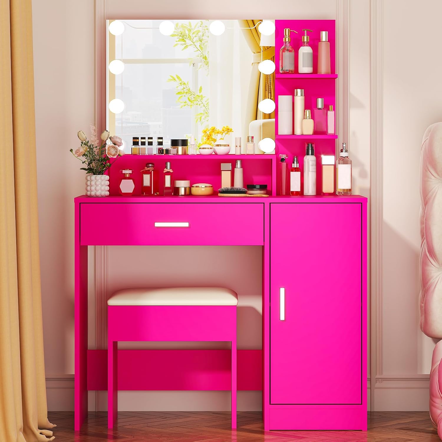 Karl home Vanity Set with 3-Mode LED Bulbs Modern Makeup Vanity Table with Storage Shelf, Drawer, Cabinet Dressing Table with Cushioned Stool for Women, Pink