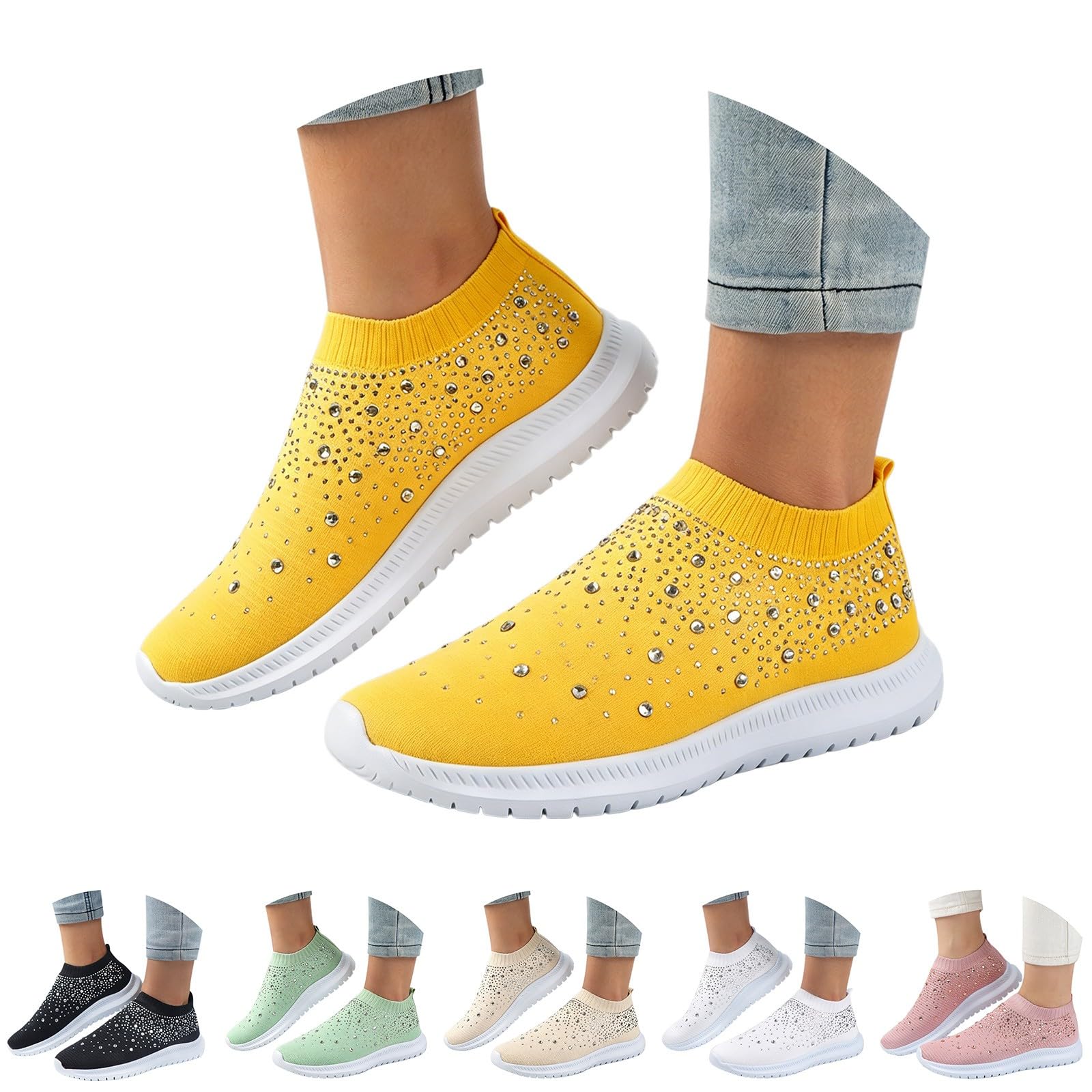 Scarpe da ginnastica da donna glamour con strass a maglia, senza lacci, con strass, per vacanze, crociere e feste