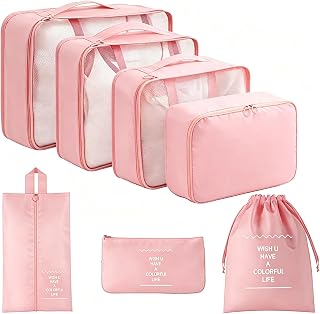 Packing Cubes for Travel - 7 Set Luggage Organizer Bags for Family, Mesh Breathable Travel Packing Cubes for Suitcases Durable Essentials Bags Set with Large Toiletries Bag(pink)