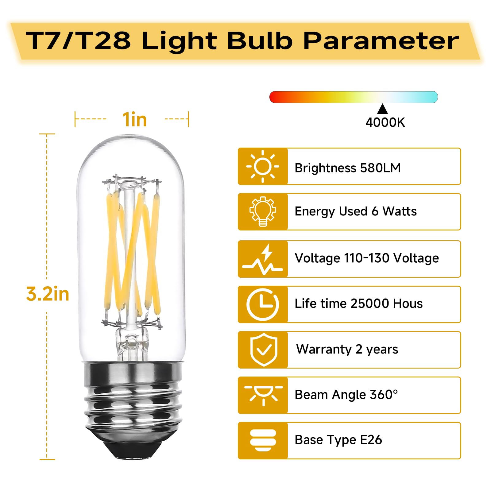 T6 T28 T7 LED Filament Candelabra Bulb E26 Base Dimmable 60W Equivalent 6W 4000K Soft White 580LM Clear — view 2