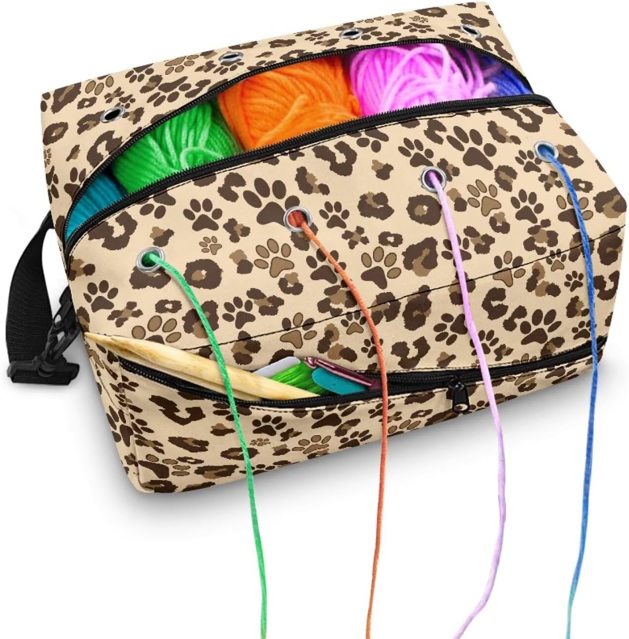 Leopard Dog Paws Knitting Bag Lightweight Crochet Bag Empty Small Crochet Crossbody Bags with Pockets and Compartments for Yarn Storage and Needles
