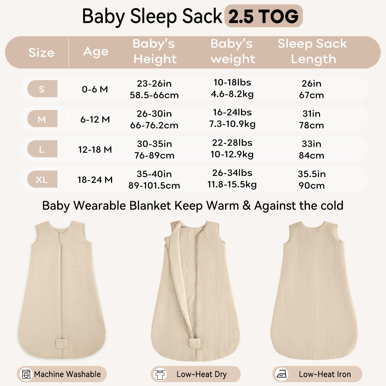 Unnivoll Sacco Nanna Invernale 18-24 Mesi - Sacco Nanna Neonato 2,5 Tog per Bambini, Tessuto 100% Cotone, Primavera Estate Inverno Autunno Albicocca