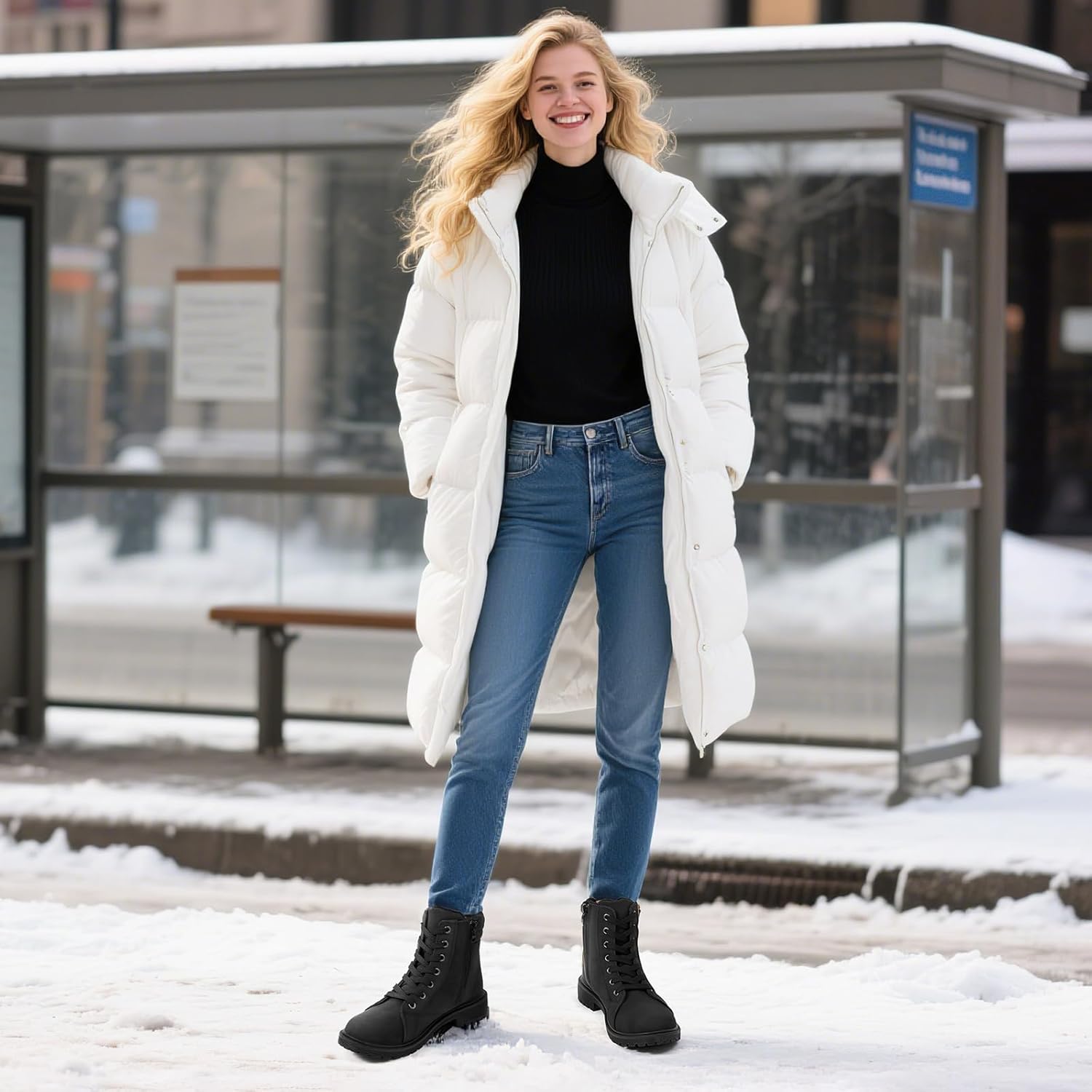 Rominz White Snow Boots for Women Black Winter Ankle Bootie with Warm Faux Fur Lining & Zipper Non-Slip Waterproof Boot - Image 2