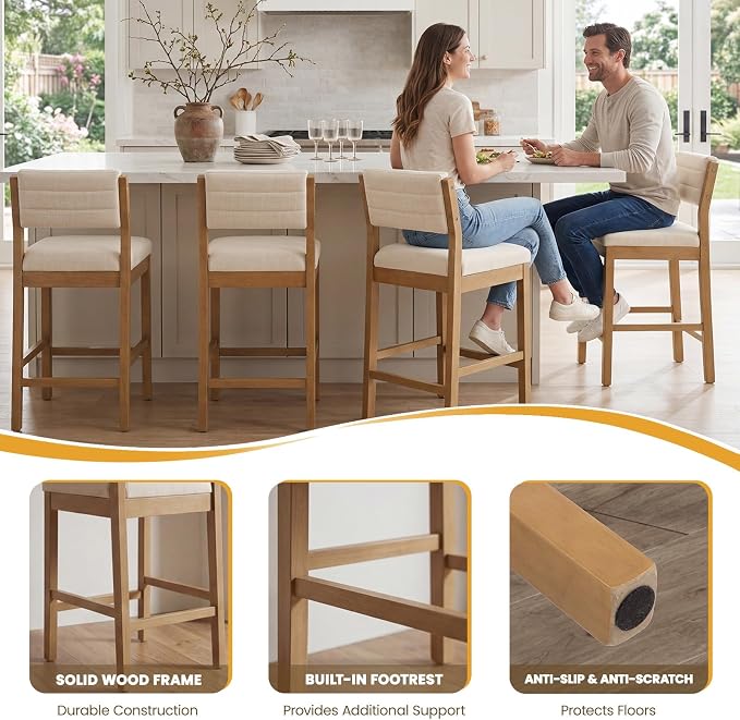 Set 4 Butacos Altura Barra 26" Beige Con Respaldo miniatura 6