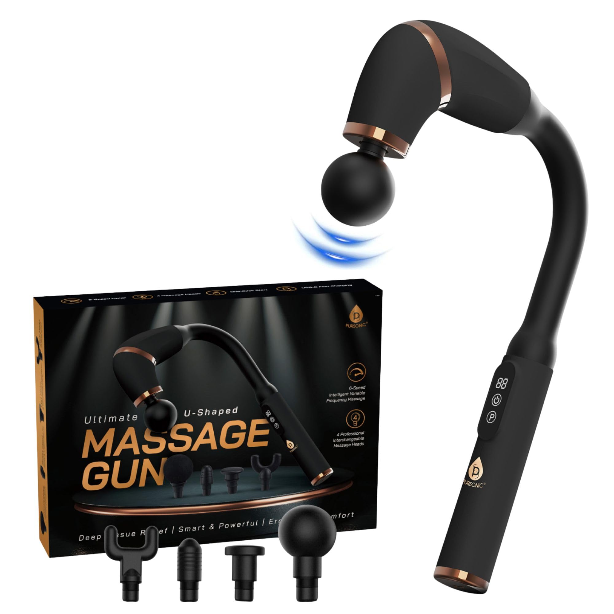 Pursonic Pistola de masaje de tejido profundo con diseño en forma de U y mango largo, masajeador de espalda de mano con 4 cabezales, 6 velocidades, recargable por USB-C para cuello, hombros, piernas y