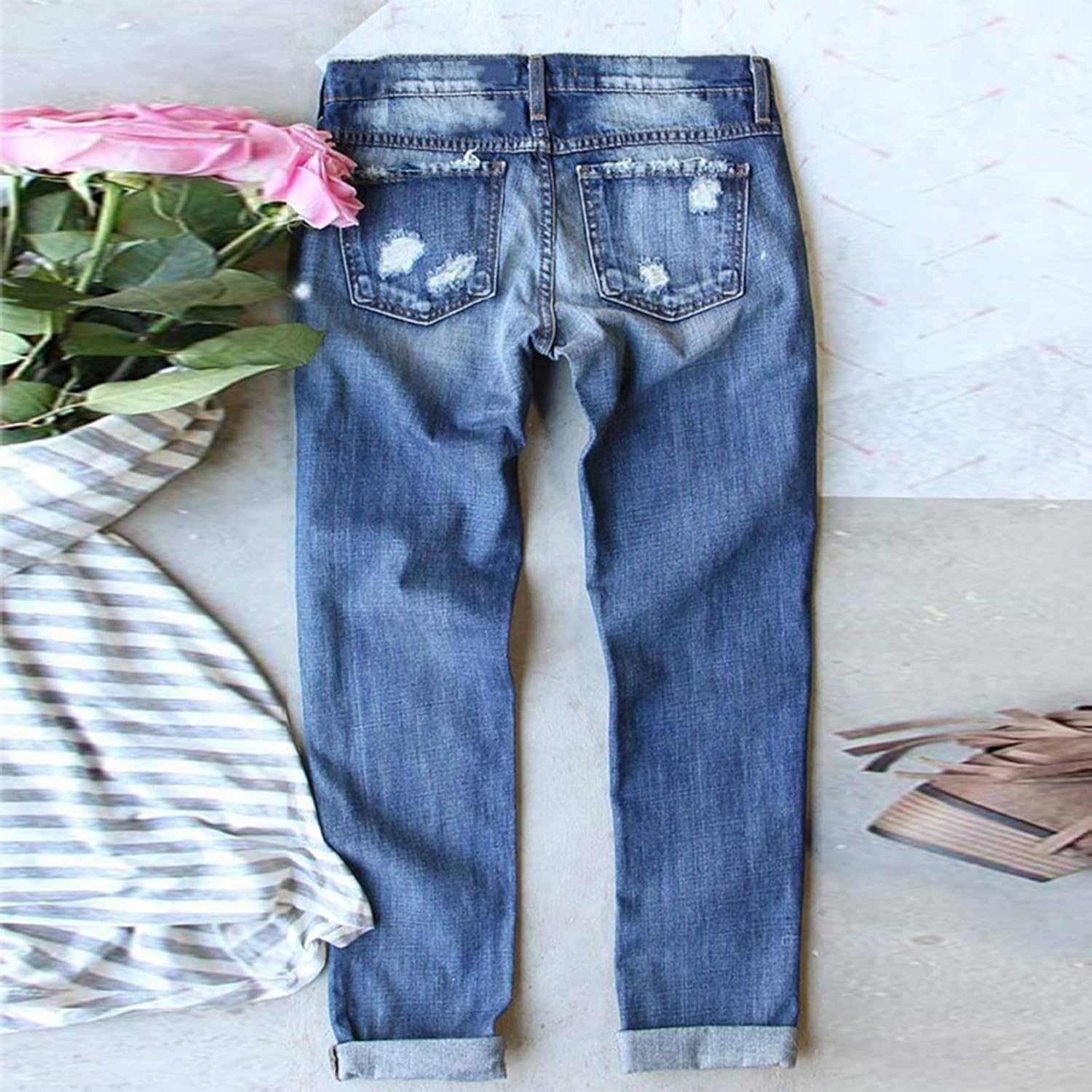 4Th of July American Flag Patch Print Ripped Boyfriend Jeans for Women