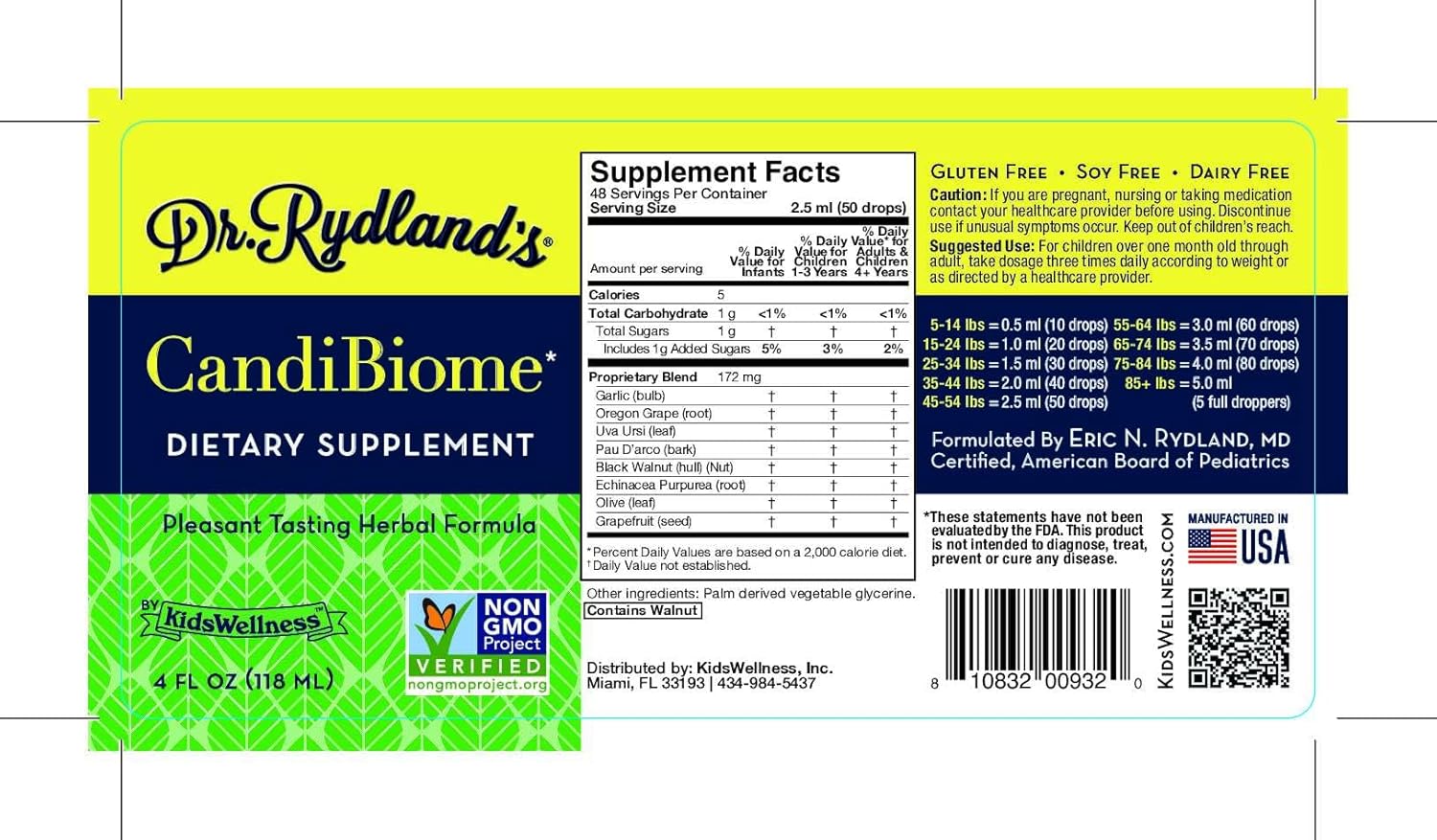 Dr. Rydland's Herbal Supplement | Created by KidsWellness |CandiBiome | Restores Intestinal Balance Related to Digestive, Skin, Immune Disorders | 4 Ounce Bottle