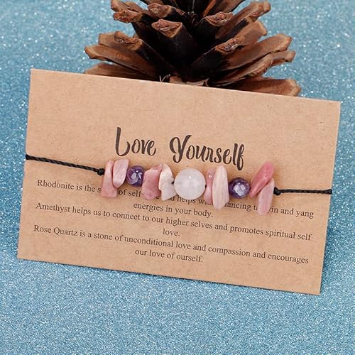 Pingyongchang Healing Crystal Stone Beads Strand Card Bracelets Love Yourself/Believe You Can Good Meaning Adjustable Braided Rope Bracelets For Women Men Yoga Jewelry Friendship Gift-Pink #TOP5