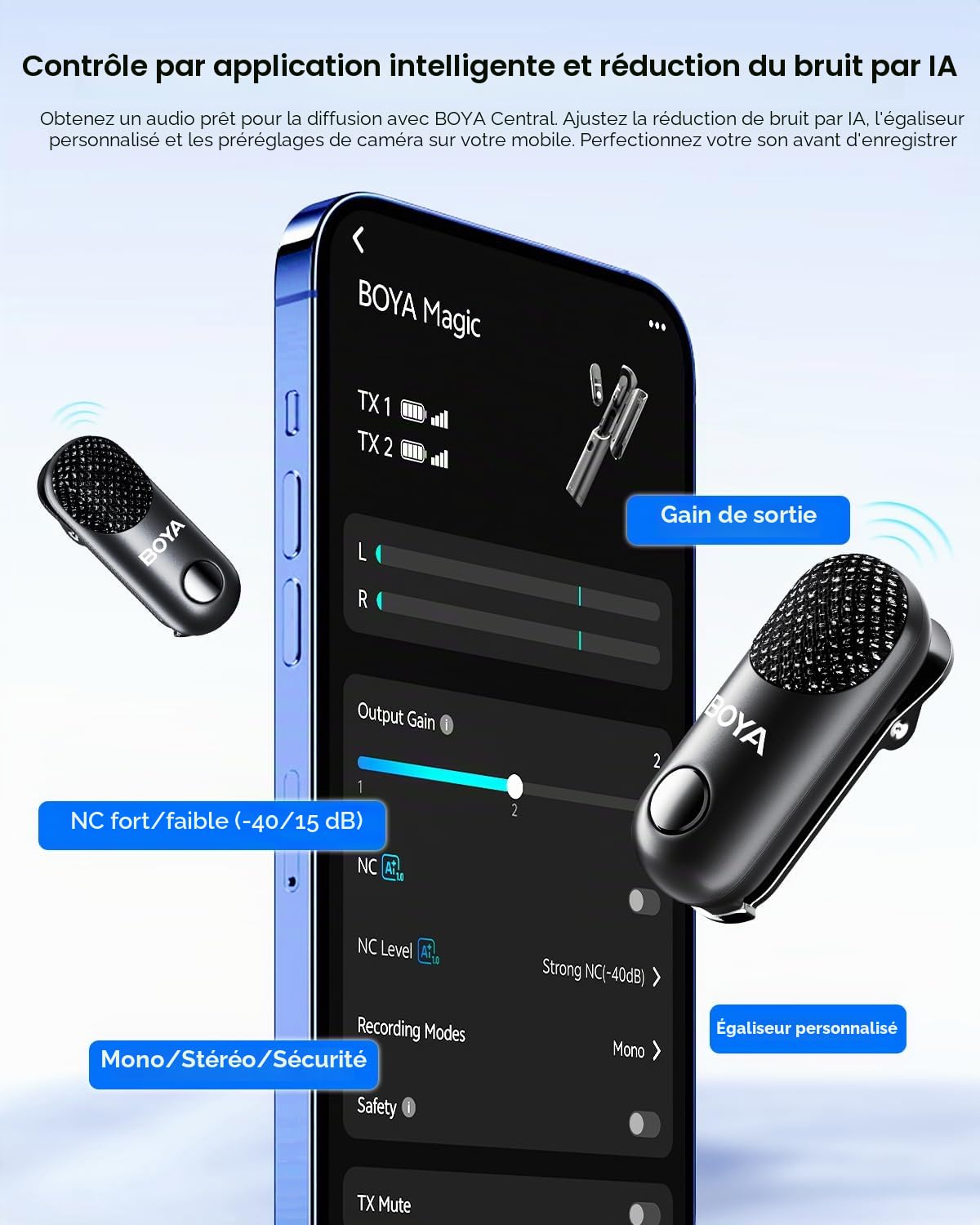 BOYA Magic Micro Cravate sans Fil pour iPhone15/16, Android（Sans Support）à clipser, à main, de bureau, sur caméra 4 Formes Mini Microphone pour Vlog, Streaming, TikTok, YouTube(2TX+1RX)