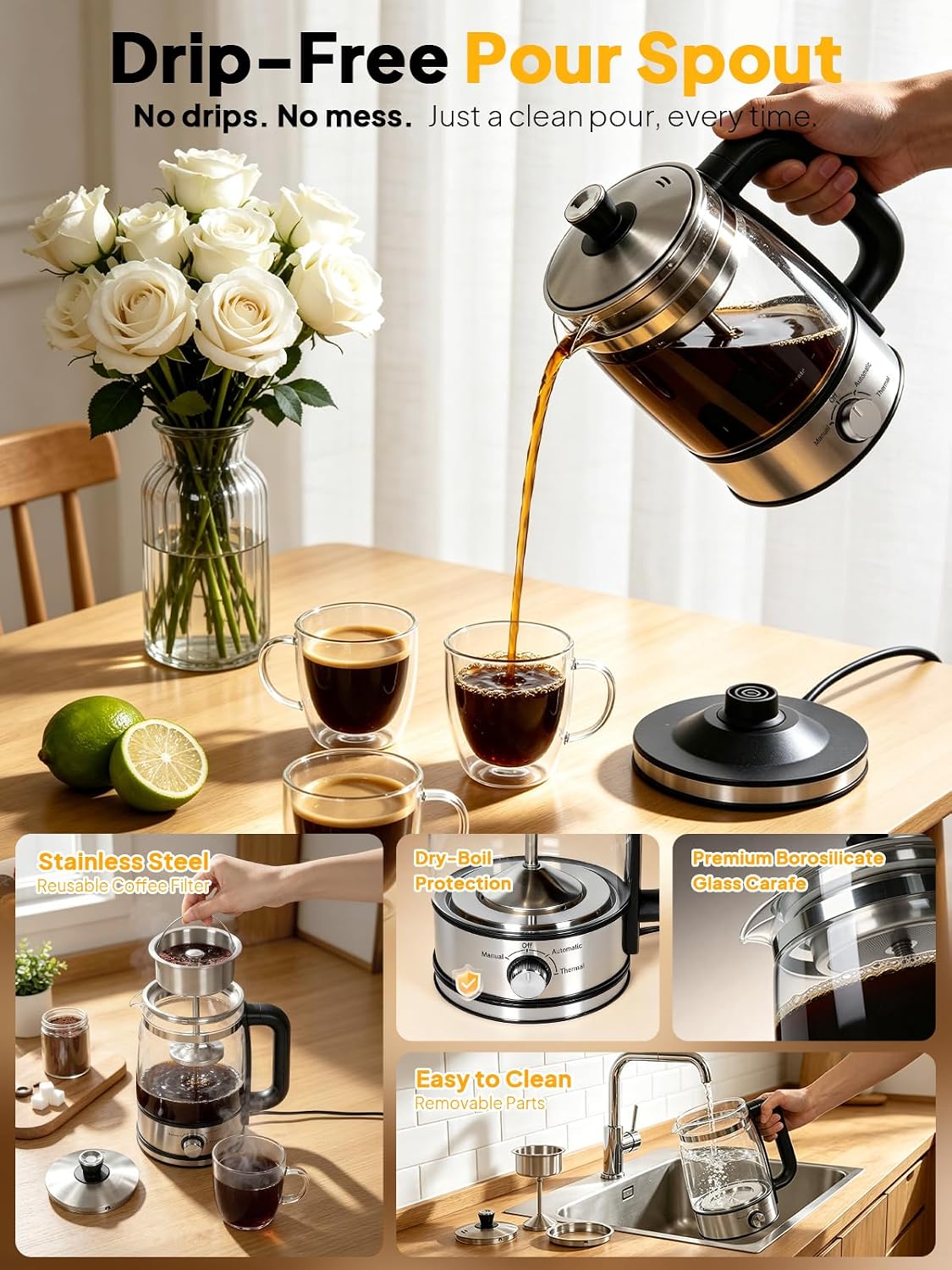 Horavie 8-Cup Electric Percolator Coffee Maker – Borosilicate Glass Carafe, Stainless Steel Filter, Auto or Manual Brew, Manual Keep Warm, Black
