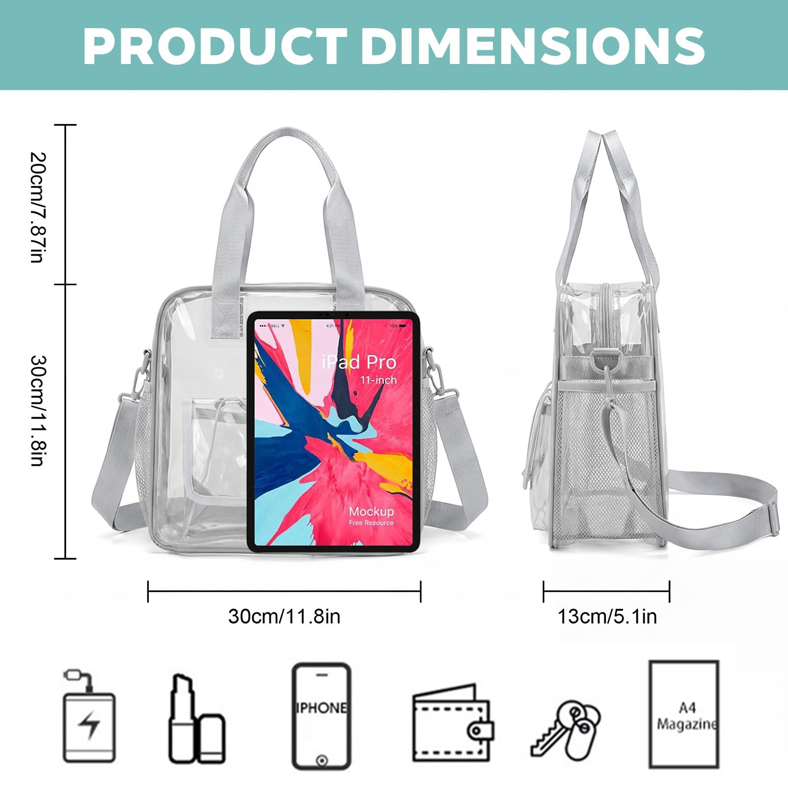 Eulihent Bolso Transparente Mujer Trabajo PVC Bolsa Transparente Bandolera Transparentes Impermeable Bolsa a Tracolla Transparent Bolso de Mano Transparent para Estadios (30x30x13cm) — view 2